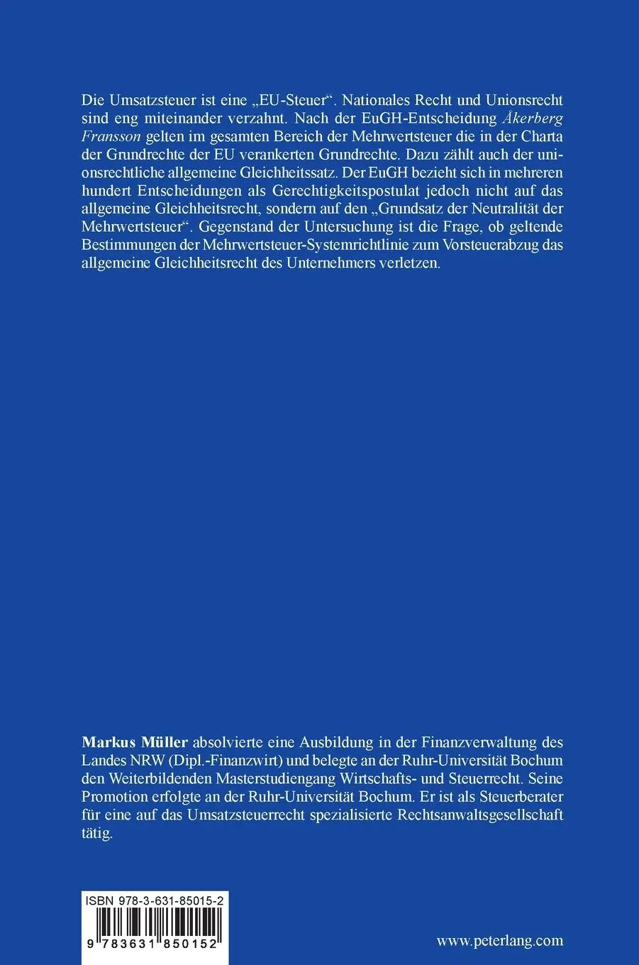 Rückseite: 9783631850152 | EU-Grundrechte und Umsatzsteuer | Markus Müller | Buch | Gebunden