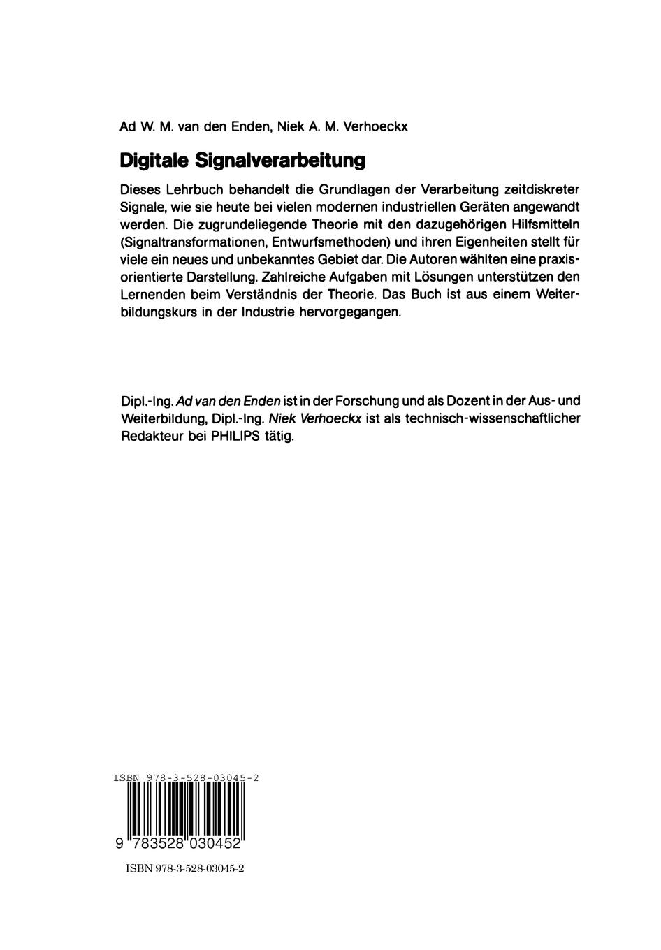 Rückseite: 9783528030452 | Digitale Signalverarbeitung | Ad Van Den Enden (u. a.) | Taschenbuch