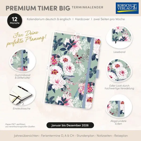 Bild: 9783731890652 | Premium Timer Big "Romantic Flowers" 2026 | Verlag Korsch | Buch