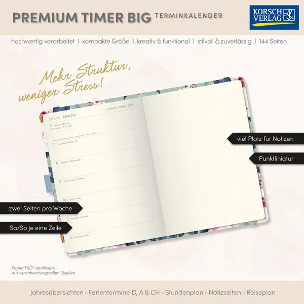Bild: 9783731890652 | Premium Timer Big "Romantic Flowers" 2026 | Verlag Korsch | Buch