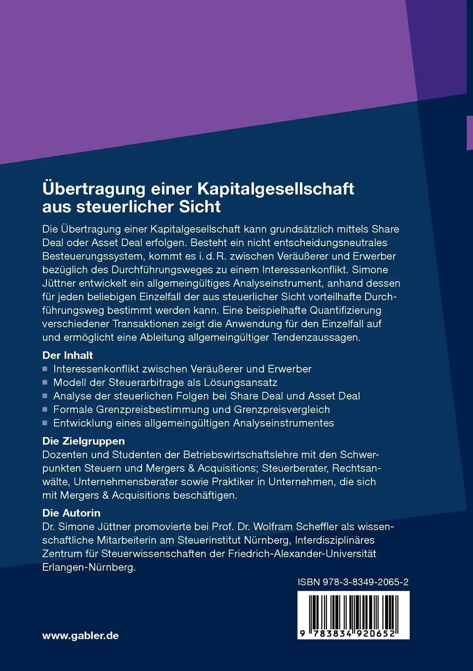 Rückseite: 9783834920652 | Übertragung einer Kapitalgesellschaft aus steuerlicher Sicht | Jüttner