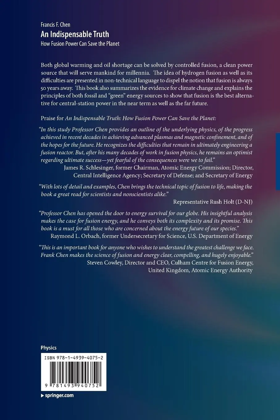 Rückseite: 9781493940752 | An Indispensable Truth | How Fusion Power Can Save the Planet | Chen