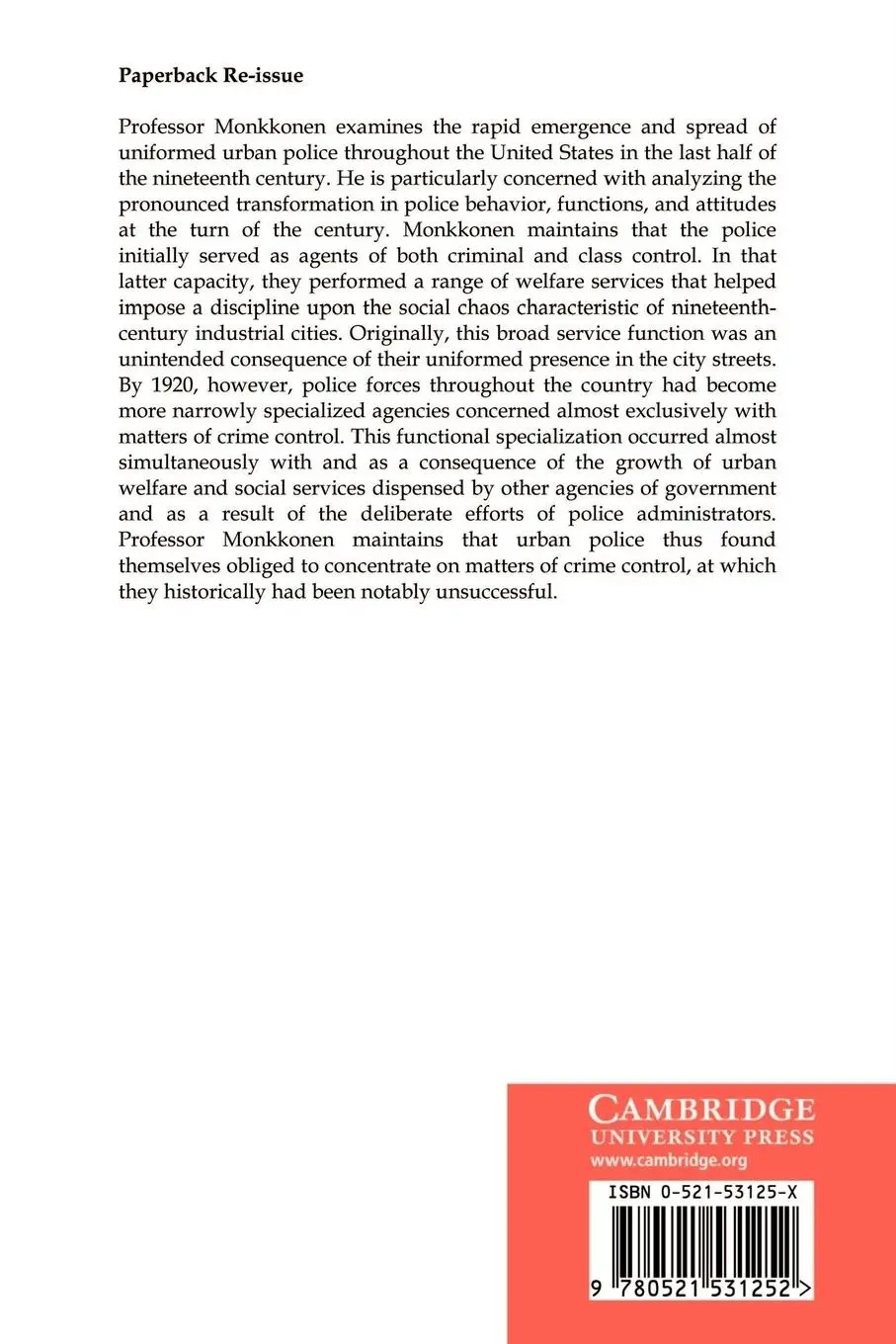 Rückseite: 9780521531252 | Police in Urban America, 1860 1920 | Eric H. Monkkonen | Taschenbuch
