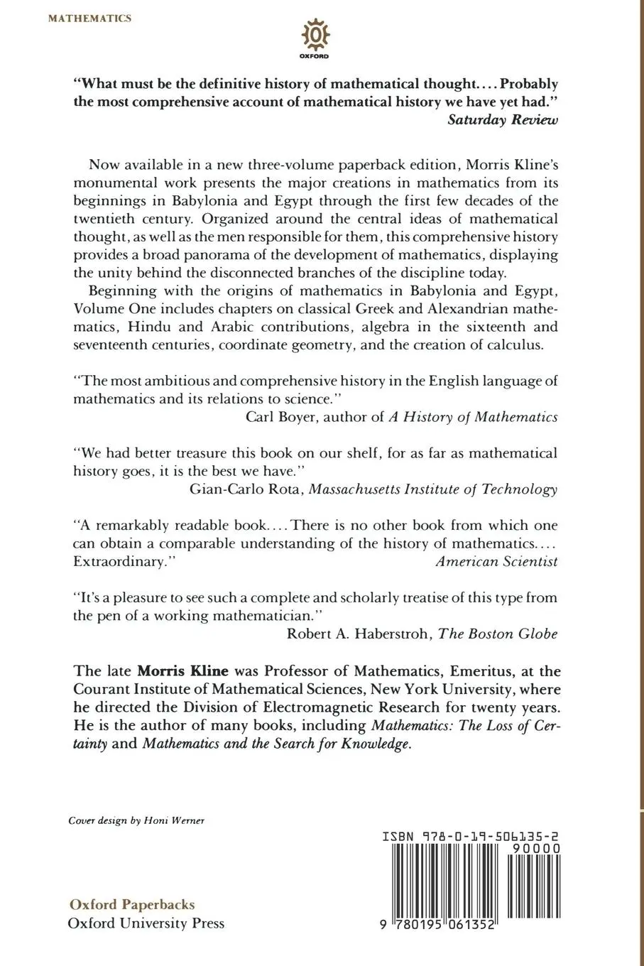 Rückseite: 9780195061352 | Mathematical Thought from Ancient to Modern Times | Morris Kline