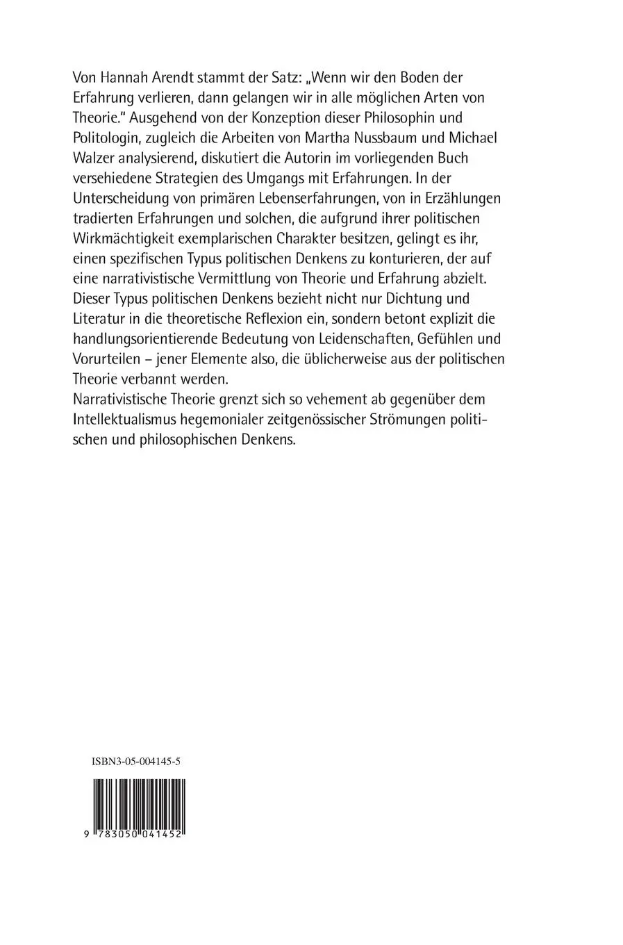 Rückseite: 9783050041452 | Über das Narrative in der politischen Theorie | Grit Straßenberger
