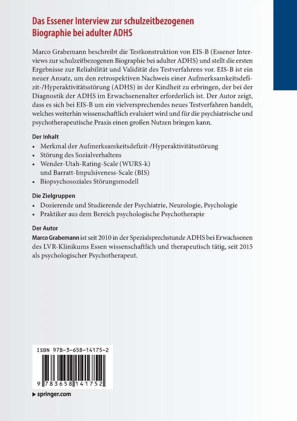 Rückseite: 9783658141752 | Das Essener Interview zur schulzeitbezogenen Biographie bei adulter...