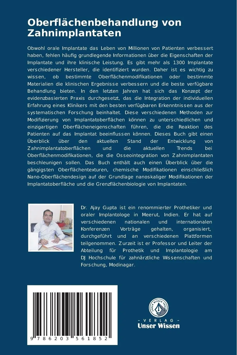 Rückseite: 9786203561852 | Oberflächenbehandlung von Zahnimplantaten | Ajay Gupta (u. a.) | Buch
