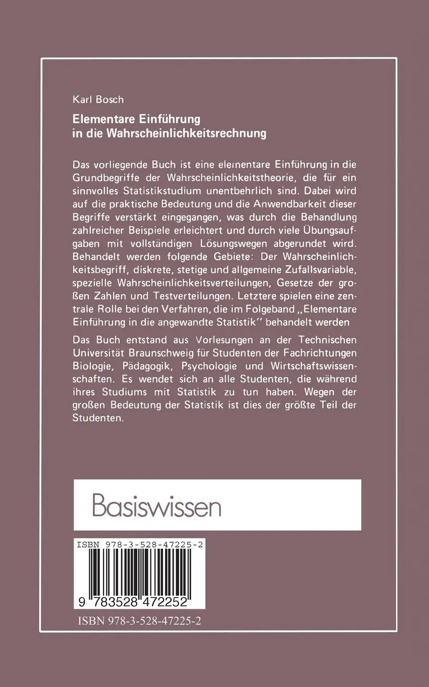 Rückseite: 9783528472252 | Elementare Einführung in die Wahrscheinlichkeitsrechnung | Karl Bosch