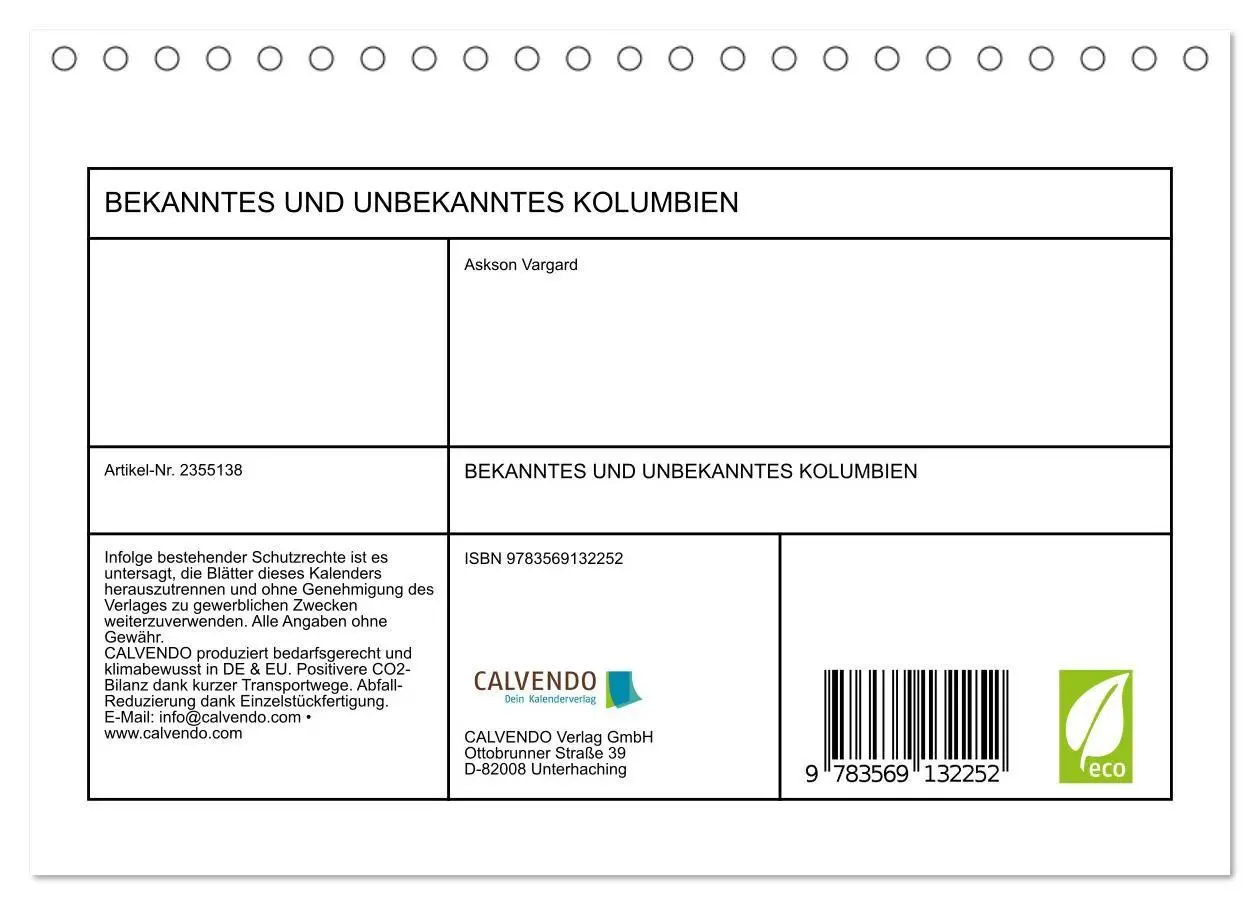 Bild: 9783569132252 | BEKANNTES UND UNBEKANNTES KOLUMBIEN (Tischkalender 2027 DIN A5...