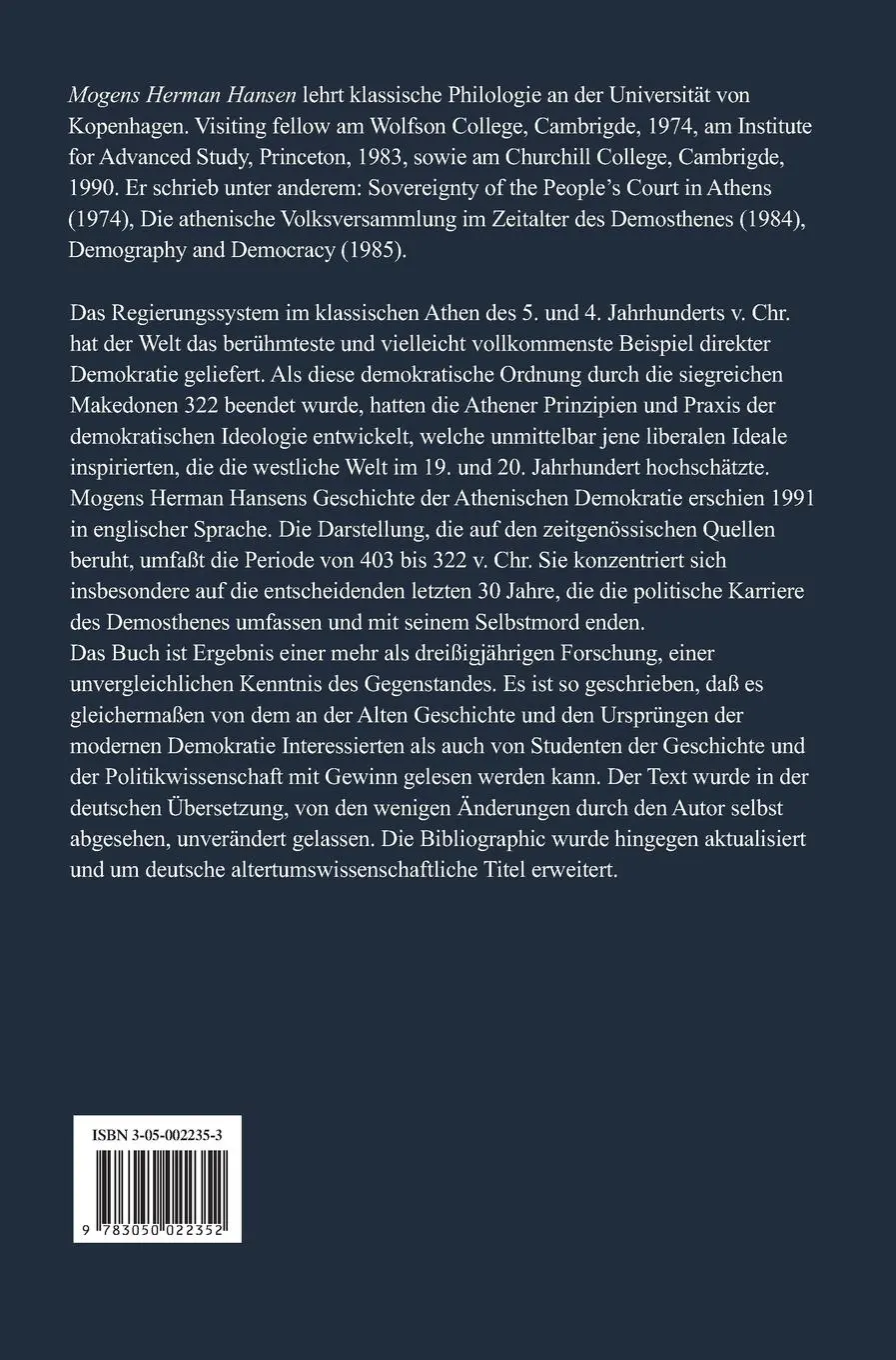 Rückseite: 9783050022352 | Die Athenische Demokratie im Zeitalter des Demosthenes | Hansen | Buch