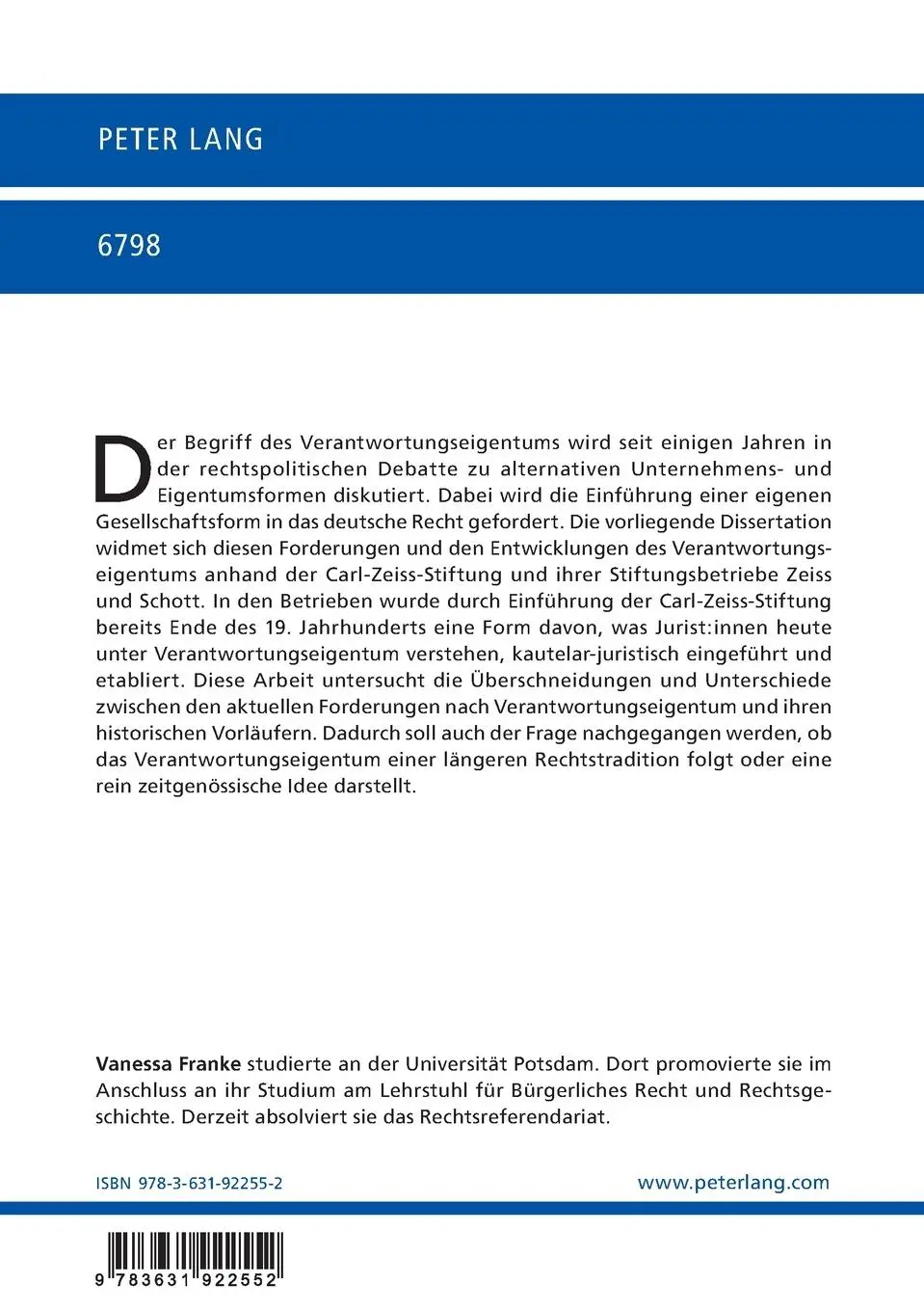 Rückseite: 9783631922552 | Die Entwicklung des Verantwortungseigentums anhand der...