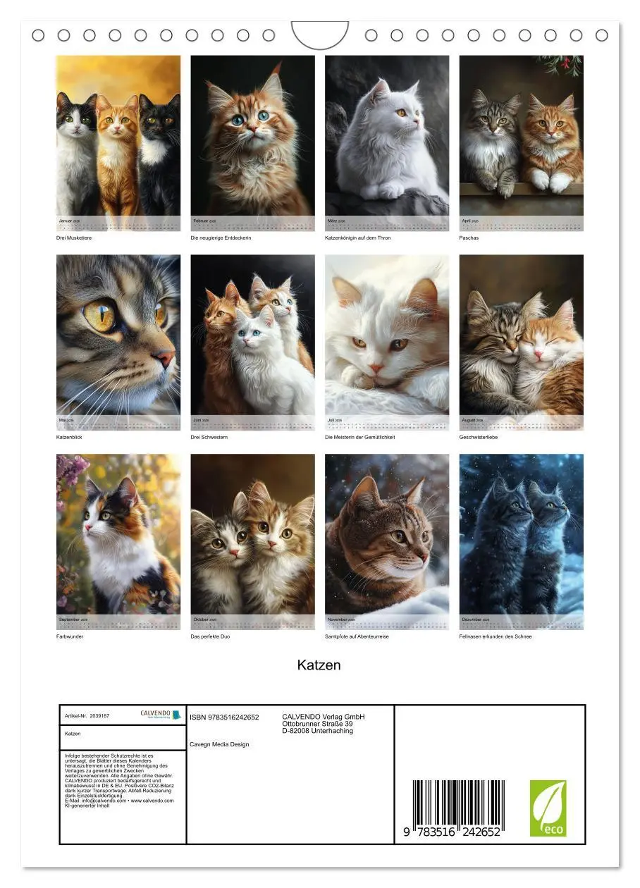 Bild: 9783516242652 | Katzen (Wandkalender 2026 DIN A4 hoch), CALVENDO Monatskalender | 2026