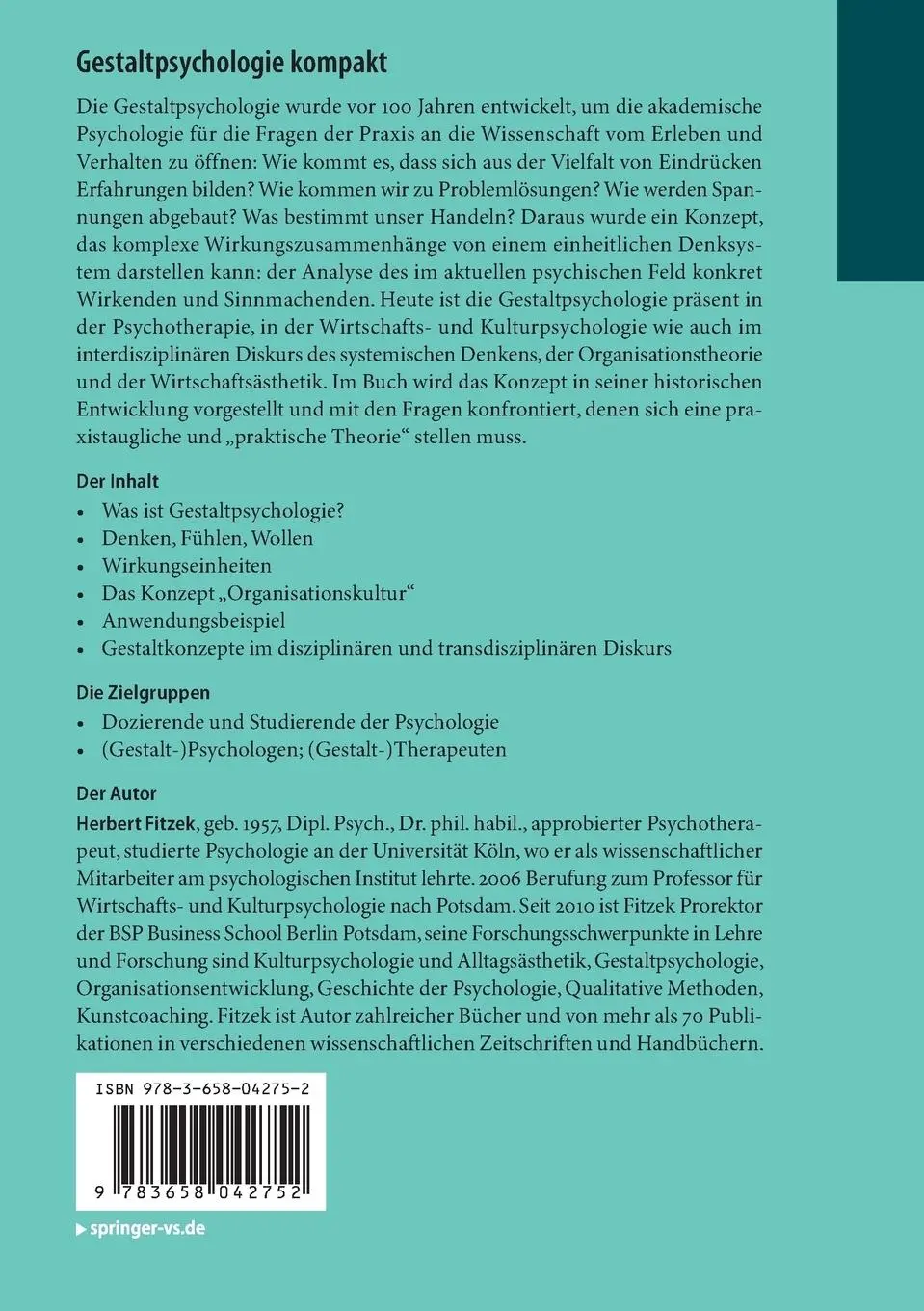 Rückseite: 9783658042752 | Gestaltpsychologie kompakt | Herbert Fitzek | Taschenbuch | ix | 2014