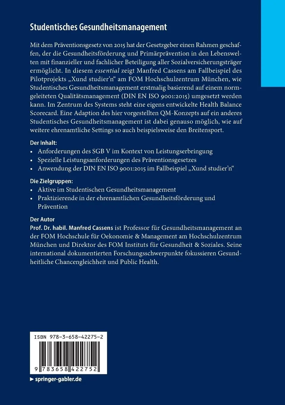Rückseite: 9783658422752 | Studentisches Gesundheitsmanagement | Manfred Cassens | Taschenbuch