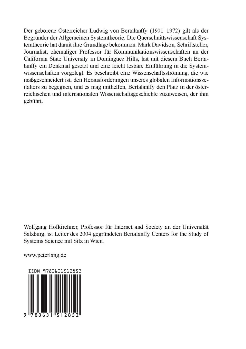 Rückseite: 9783631512852 | QuErDenken! | Leben und Werk Ludwig von Bertalanffys | Hofkirchner