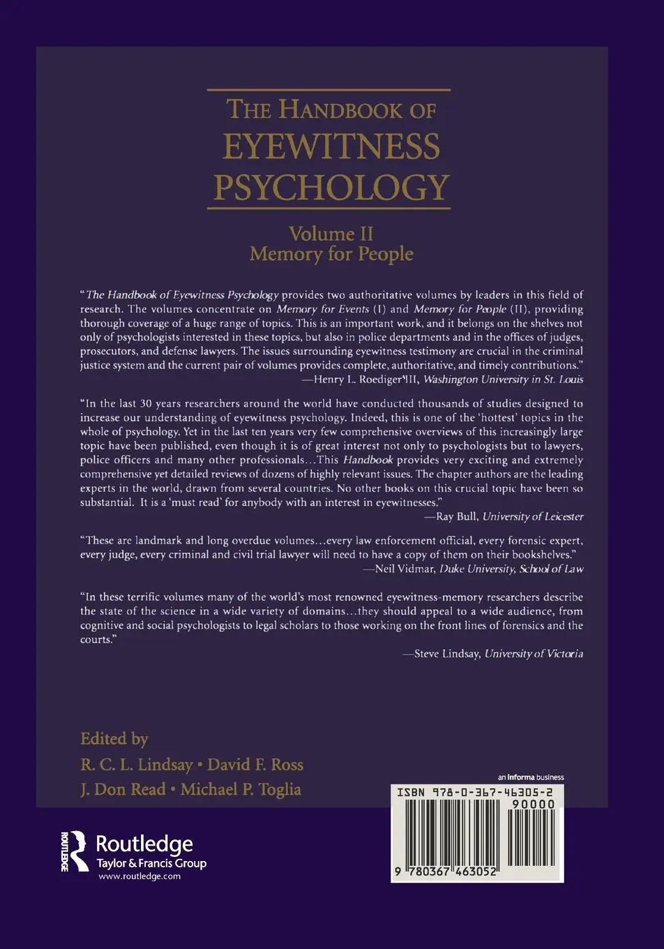 Rückseite: 9780367463052 | The Handbook of Eyewitness Psychology | Volume II: Memory for People