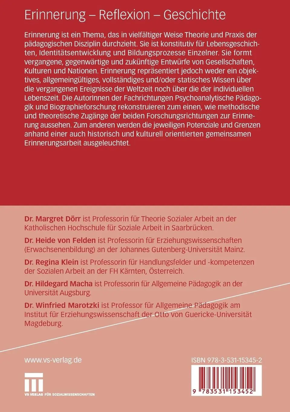 Rückseite: 9783531153452 | Erinnerung - Reflexion - Geschichte | Margret Dörr (u. a.) | Buch