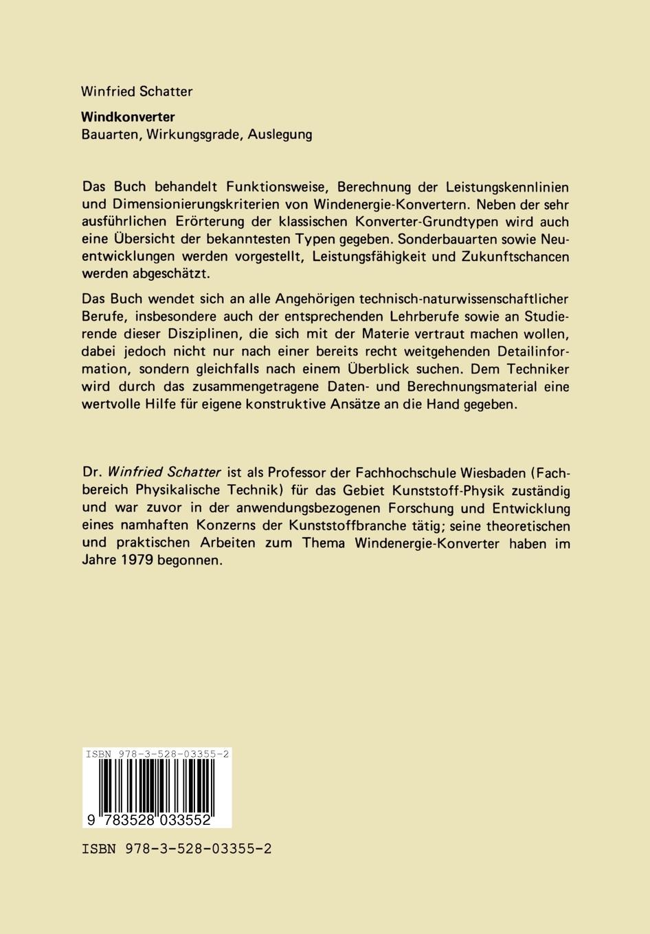 Rückseite: 9783528033552 | Windkonverter | Bauarten, Wirkungsgrade, Auslegung | Winfried Schatter