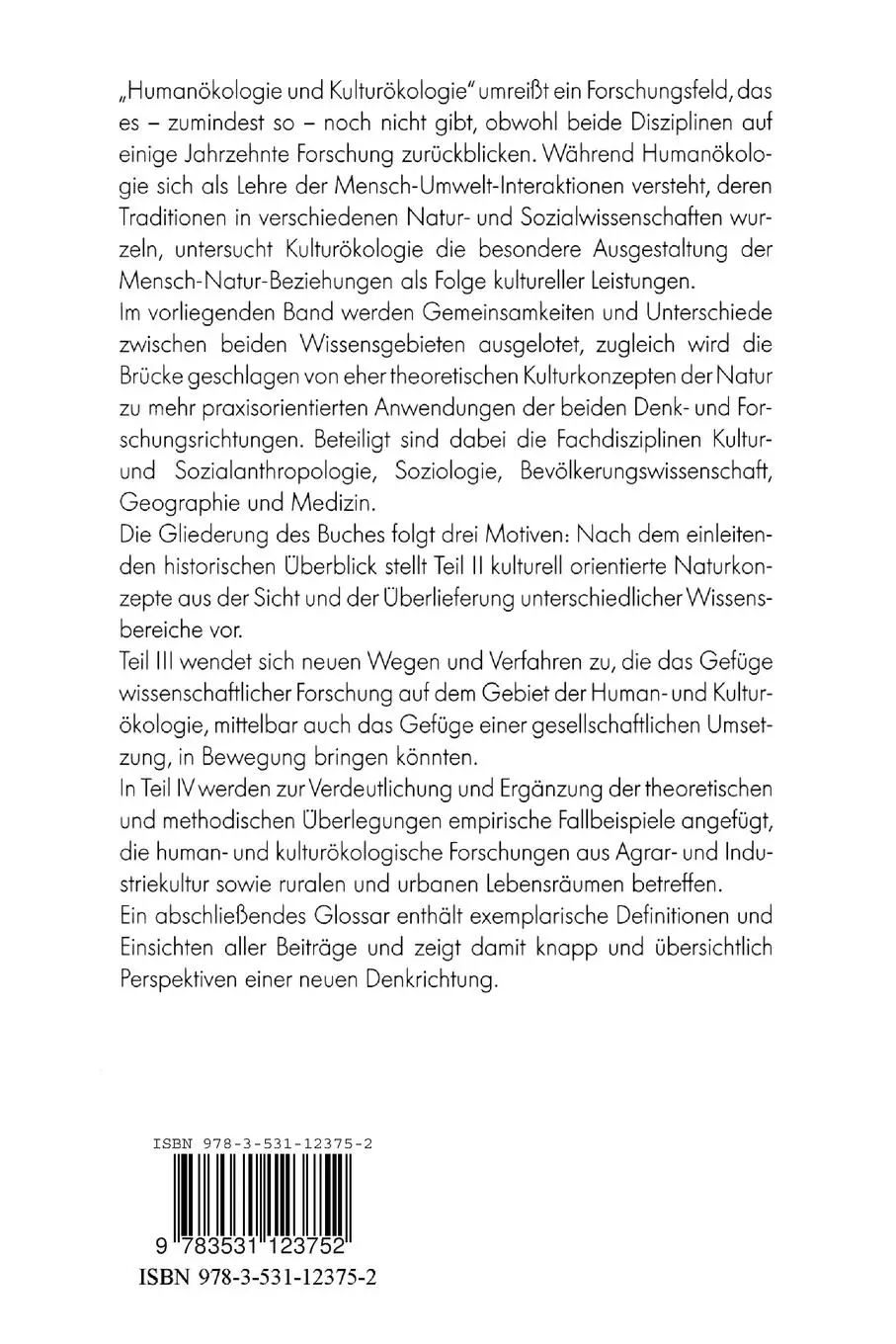 Rückseite: 9783531123752 | Humanökologie und Kulturökologie | Grundlagen · Ansätze · Praxis