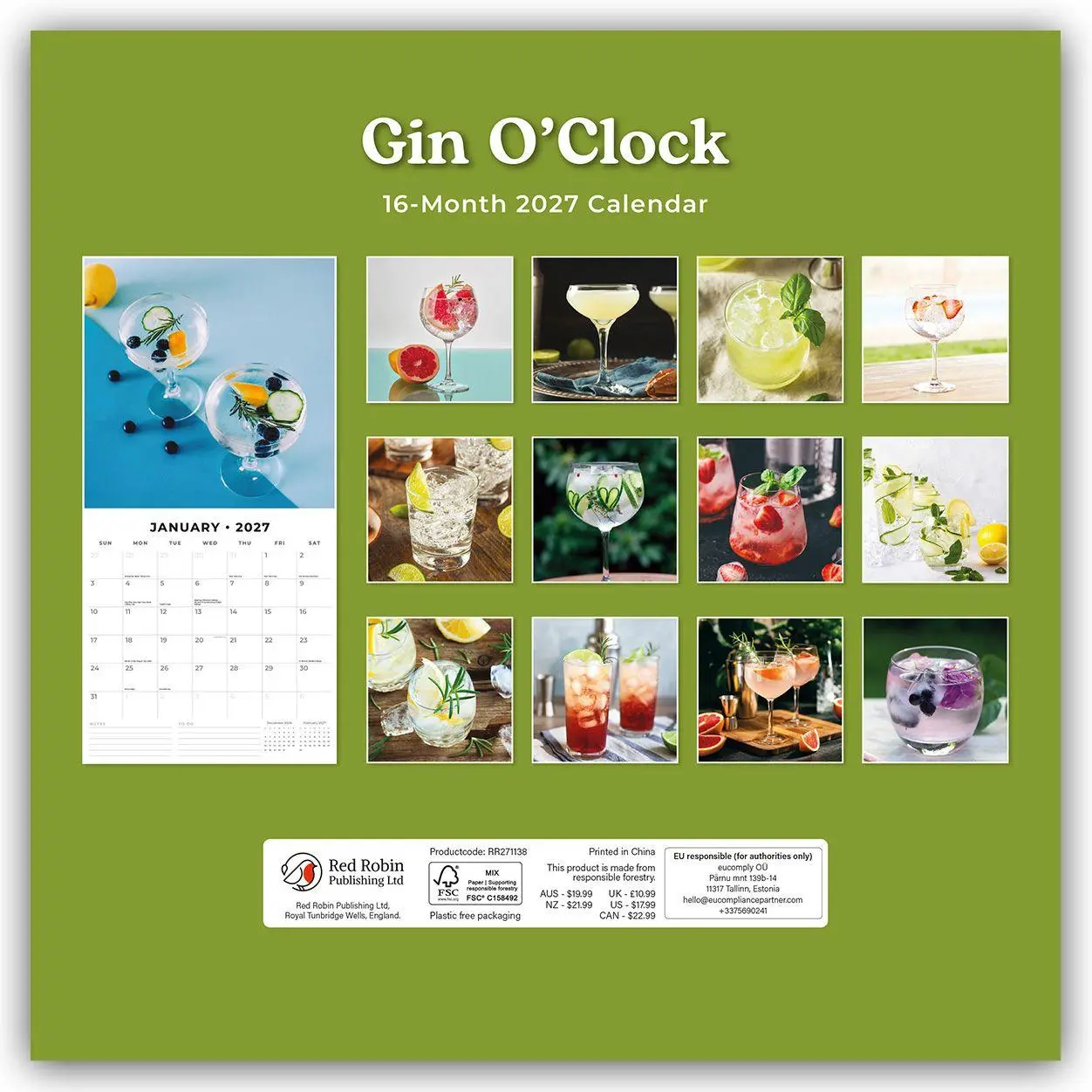 Rückseite: 9781837013852 | Gin o' Clock - Zeit für Gin 2027 - 16-Monatskalender | Robin Red