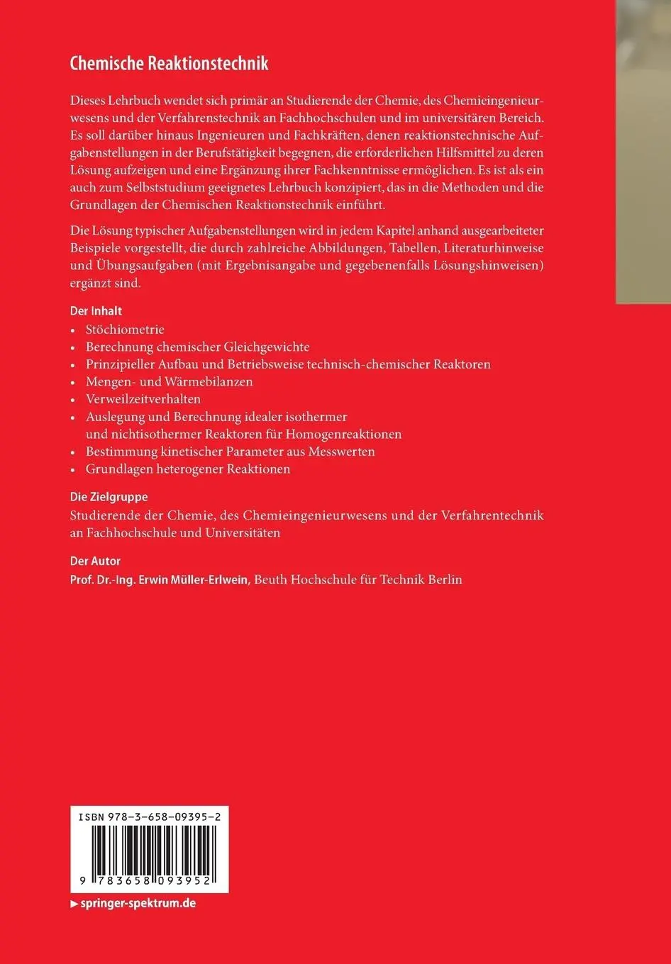 Rückseite: 9783658093952 | Chemische Reaktionstechnik | Erwin Müller-Erlwein | Taschenbuch | xii