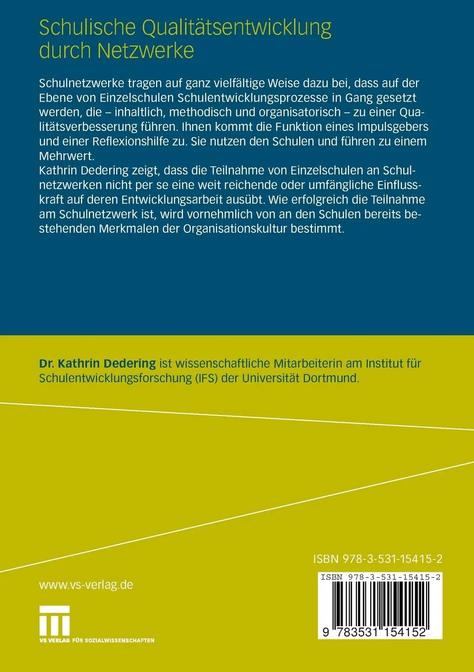Rückseite: 9783531154152 | Schulische Qualitätsentwicklung durch Netzwerke | Kathrin Dedering