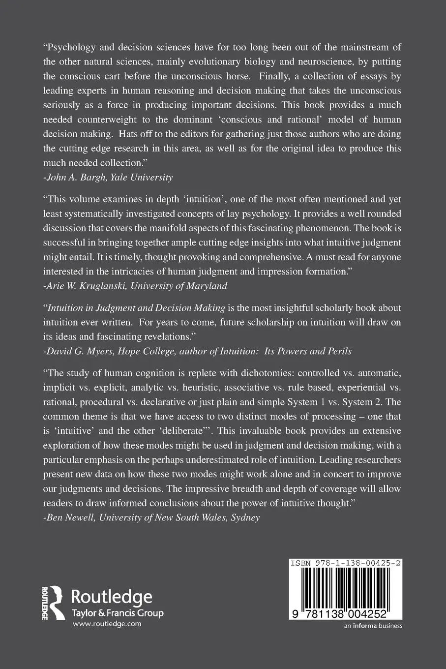Rückseite: 9781138004252 | Intuition in Judgment and Decision Making | Henning Plessner (u. a.)