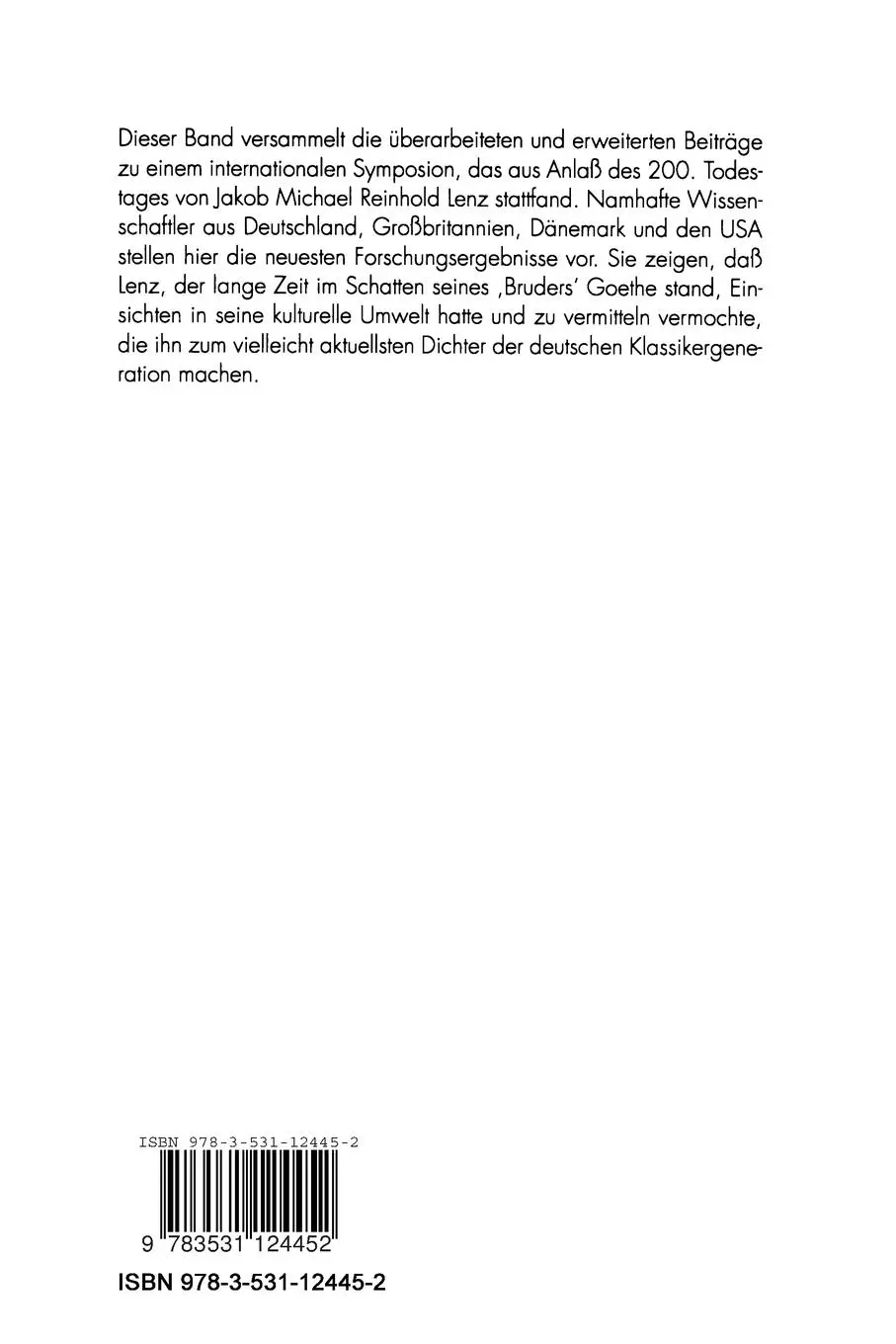 Rückseite: 9783531124452 | Jakob Michael Reinhold Lenz | Studien zum Gesamtwerk | David Hill