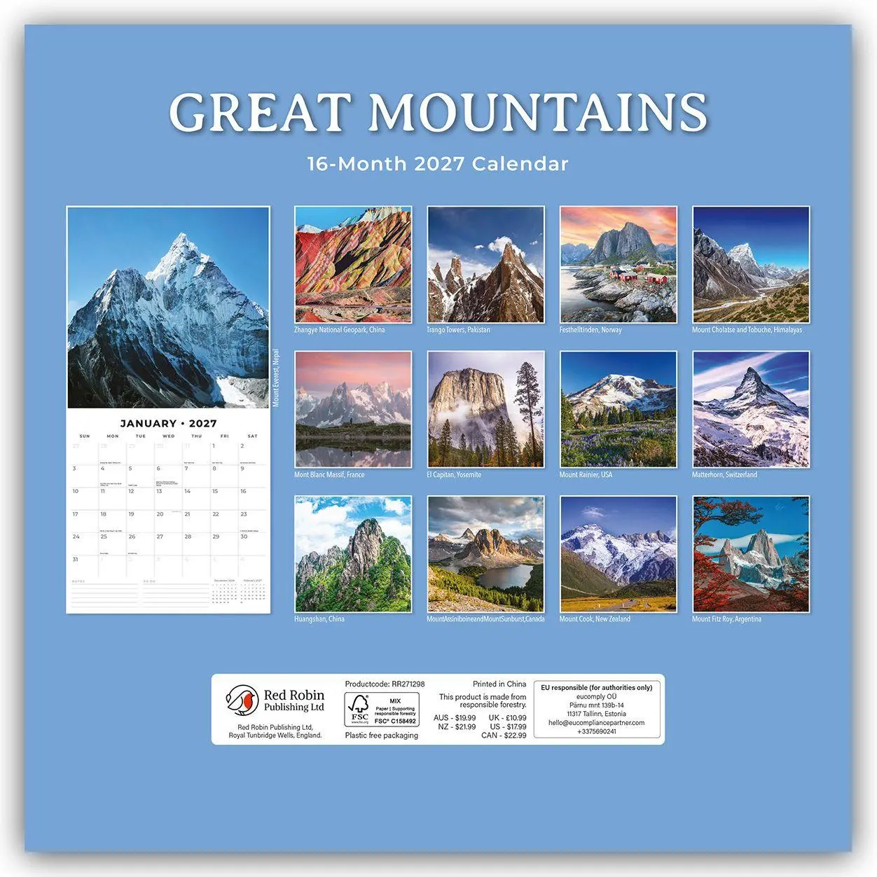 Rückseite: 9781837014552 | Great Mountains - Die höchsten Berge 2027 - 16-Monatskalender | Red