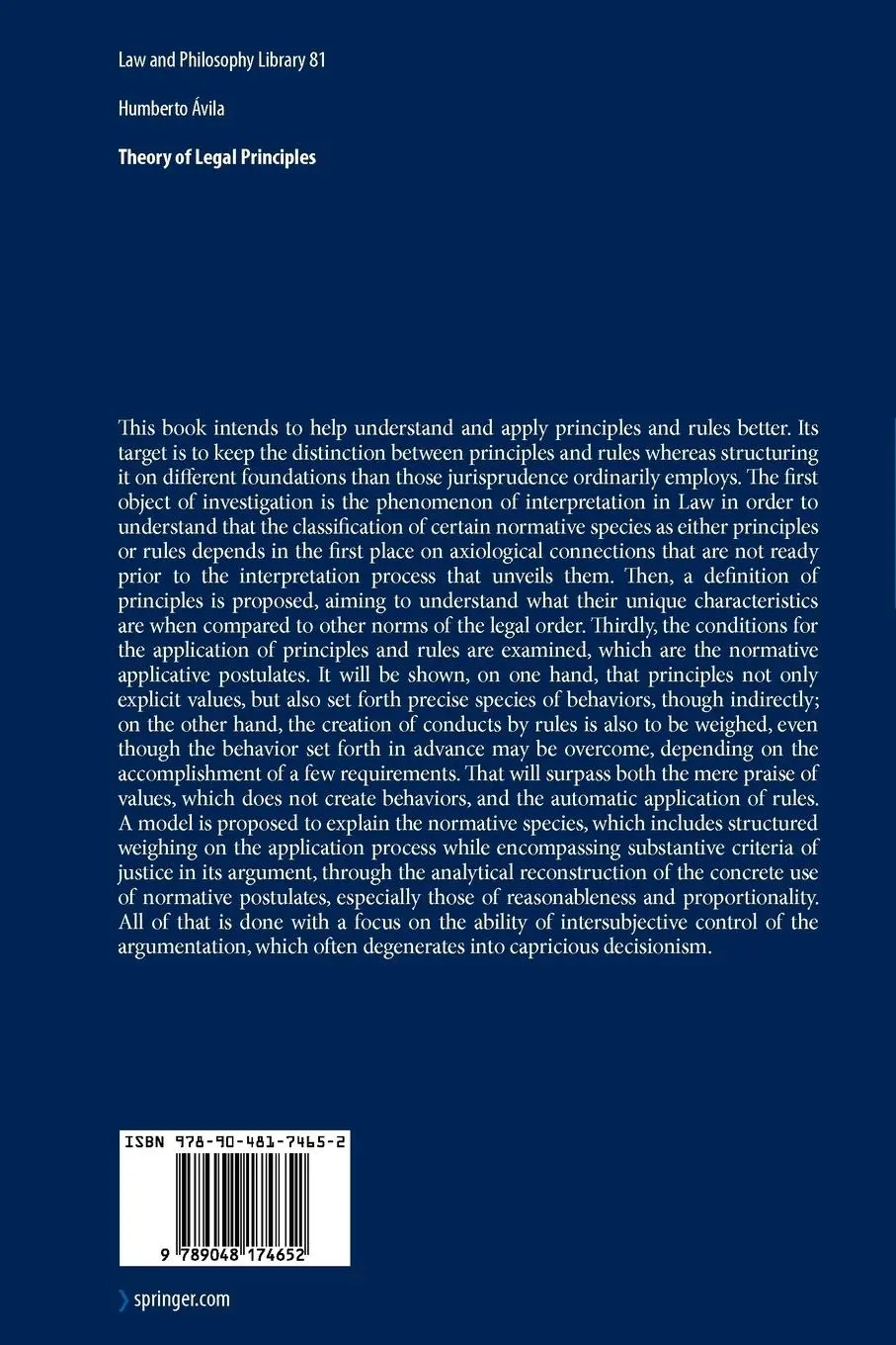 Rückseite: 9789048174652 | Theory of Legal Principles | Humberto Avila | Taschenbuch | xiv | 2010