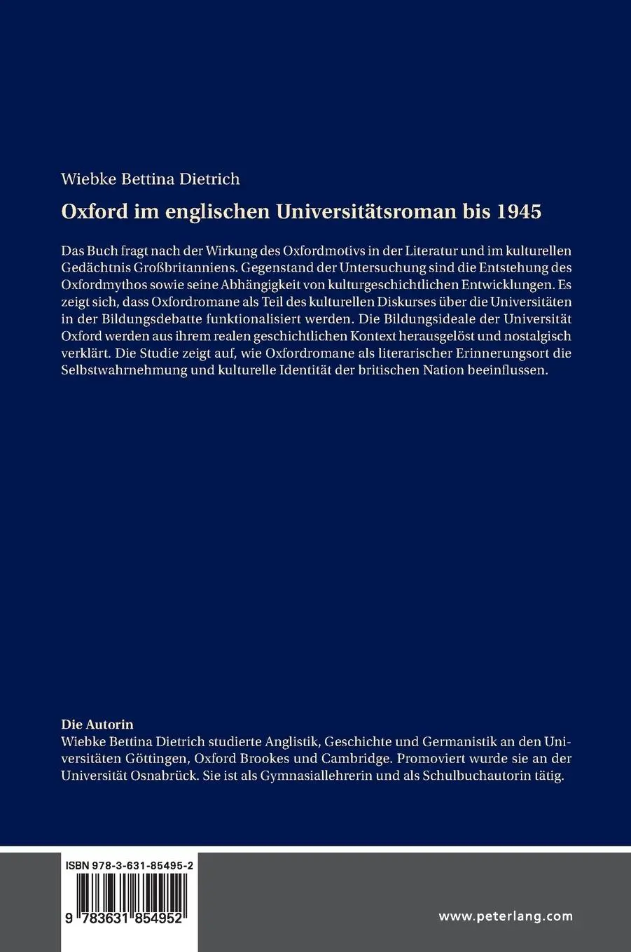 Rückseite: 9783631854952 | Oxford im englischen Universitätsroman bis 1945 | Dietrich | Buch