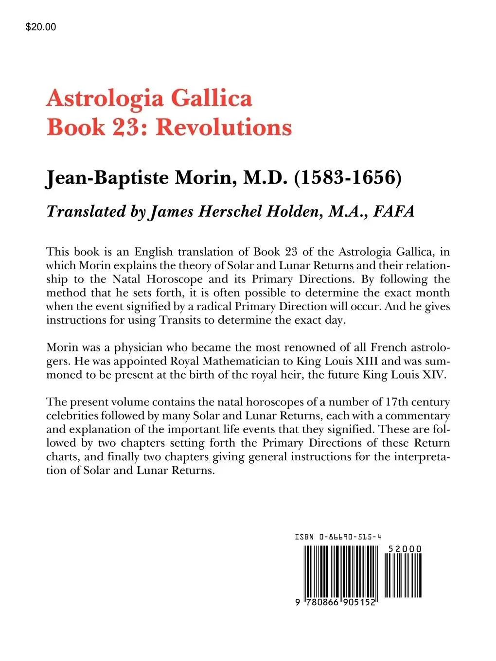 Rückseite: 9780866905152 | Astrologia Gallica Book 23 | J-B Morin | Taschenbuch | Englisch | 2000