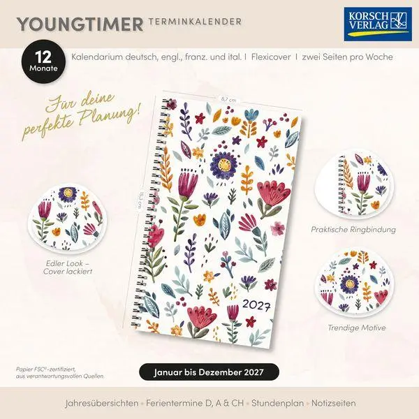 Bild: 9783819305252 | Taschenkalender Youngtimer Flowers 2027 | Korsch Verlag | Buch | 2027