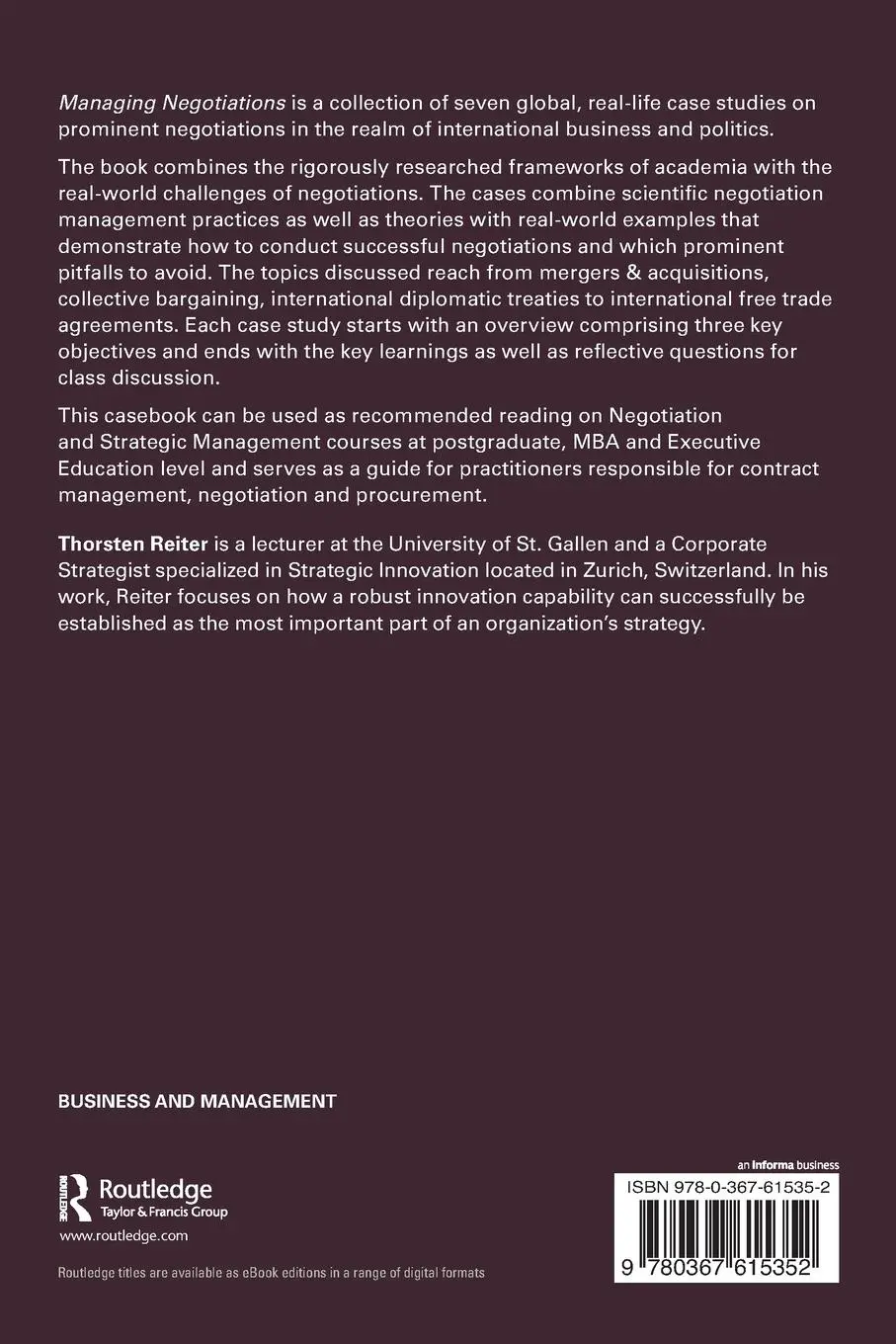 Rückseite: 9780367615352 | Managing Negotiations | A Casebook | Thorsten Reiter | Taschenbuch