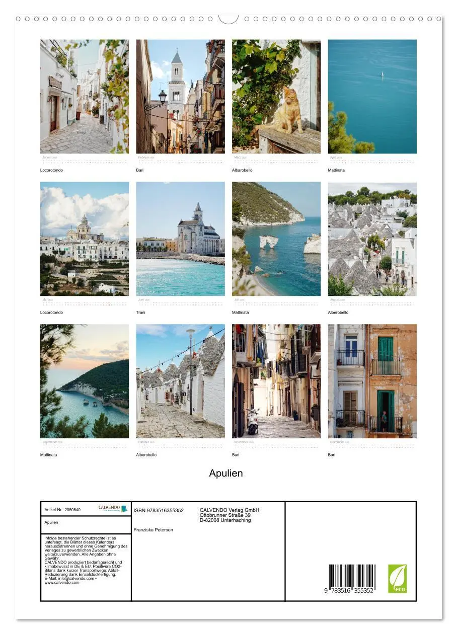 Bild: 9783516355352 | Apulien (Wandkalender 2026 DIN A2 hoch), CALVENDO Monatskalender
