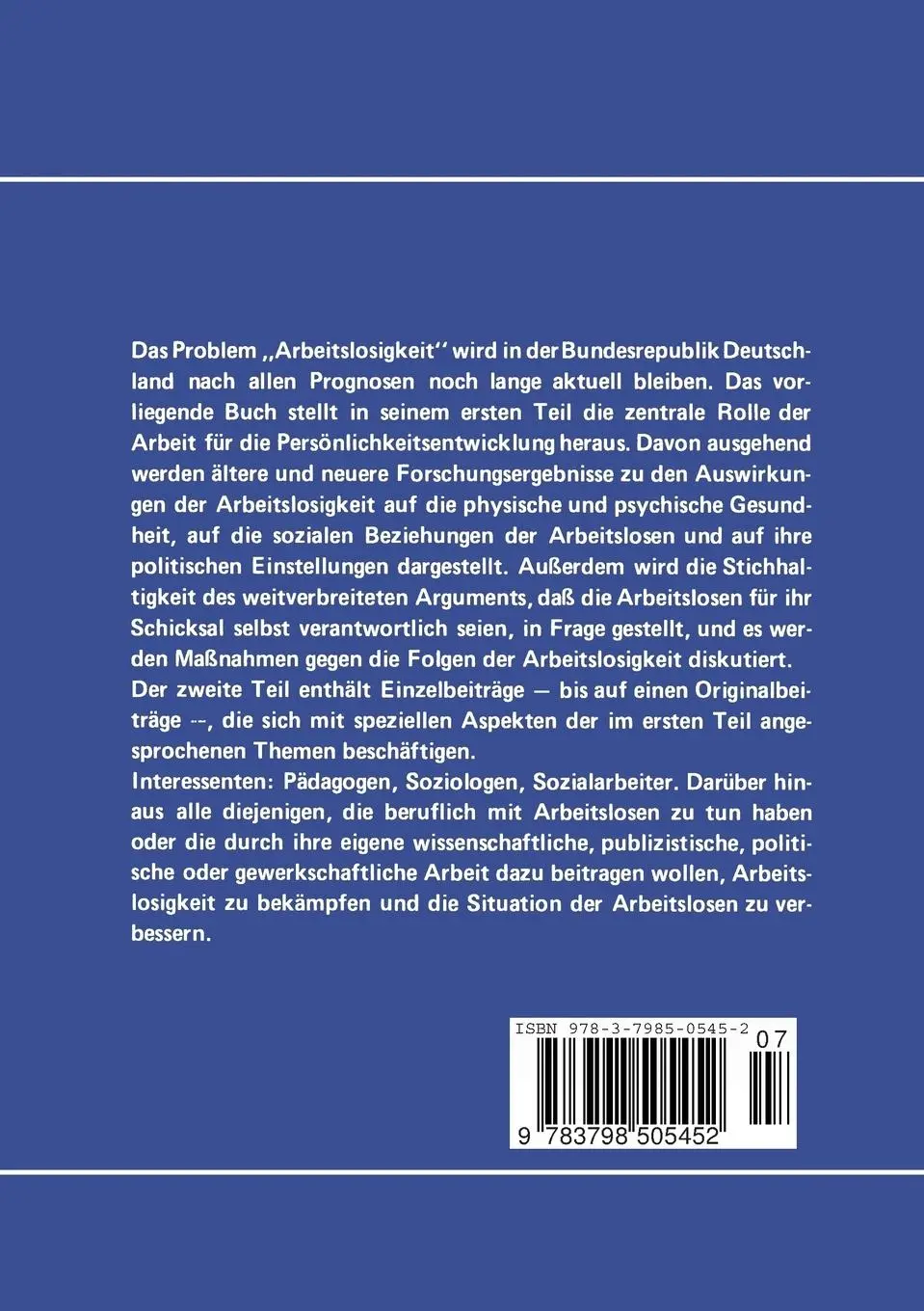 Rückseite: 9783798505452 | Arbeitslosigkeit | H. Offe (u. a.) | Taschenbuch | xii | Deutsch