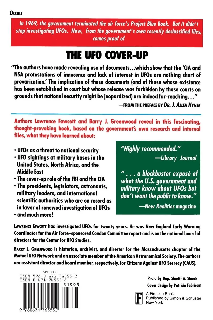 Rückseite: 9780671765552 | The UFO Coverup | What the Govenment Won't Say | Fawcett (u. a.)