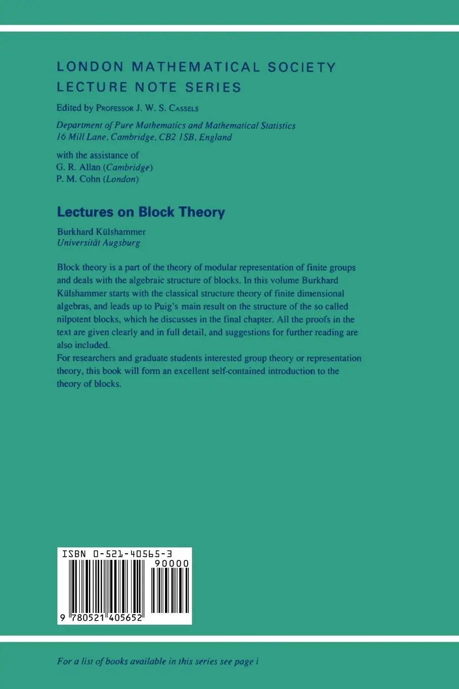 Rückseite: 9780521405652 | Lectures on Block Theory | Burkhard Kulshammer | Taschenbuch | 2001