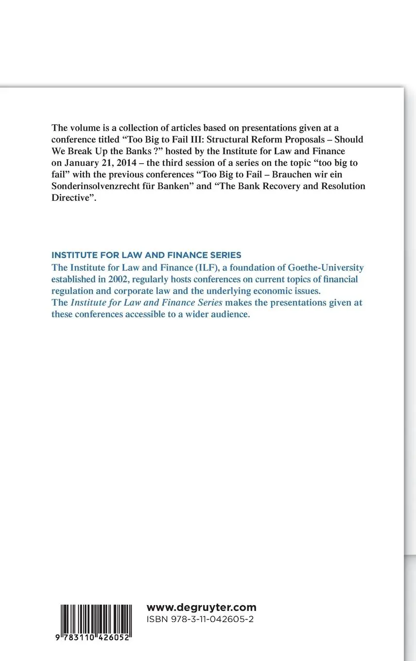 Rückseite: 9783110426052 | Too Big to Fail III: Structural Reform Proposals | Kenadjian (u. a.)