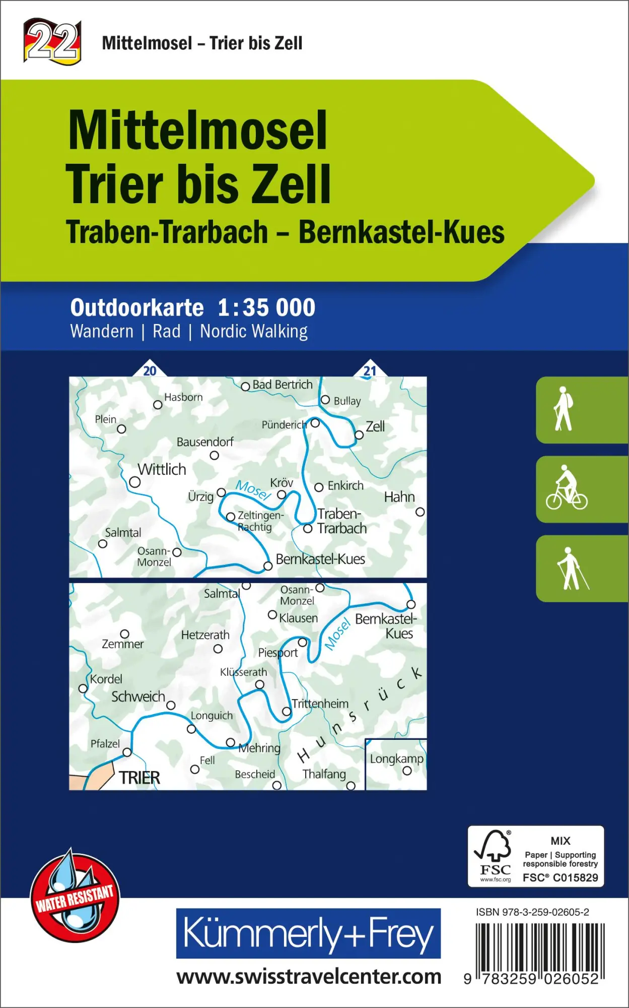 Rückseite: 9783259026052 | Kümmerly+Frey Outdoorkarte Deutschland 22 Mittelmosel, Trier bis...
