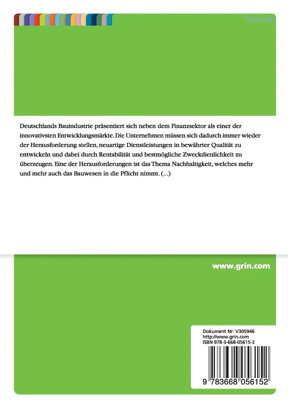Rückseite: 9783668056152 | Auswirkungen einer DGNB-Zertifizierung auf Kalkulation,...