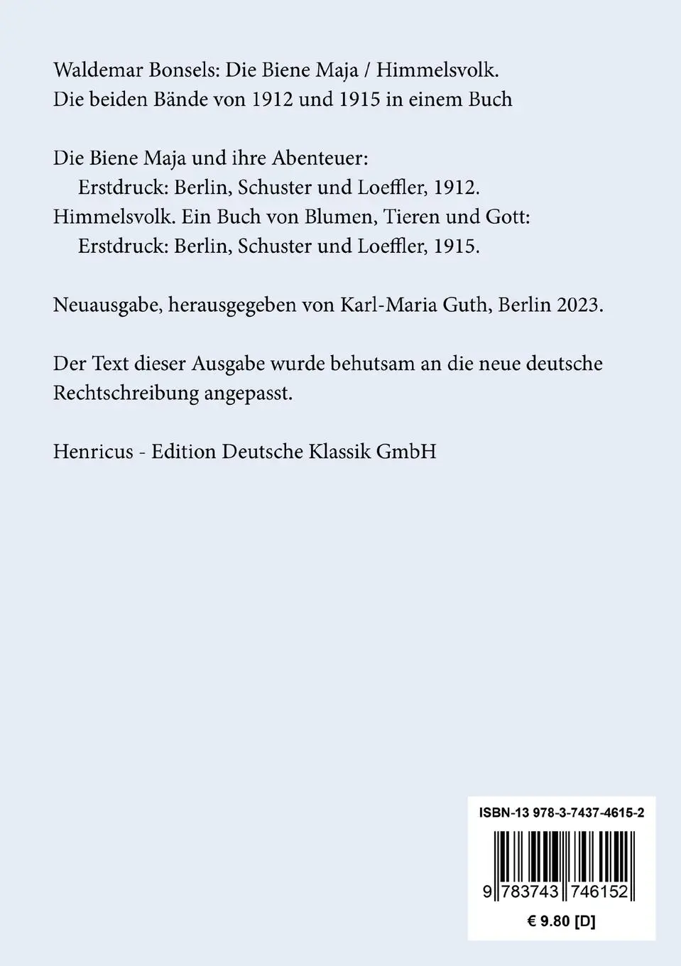 Rückseite: 9783743746152 | Die Biene Maja / Himmelsvolk | Waldemar Bonsels | Taschenbuch | 236 S.