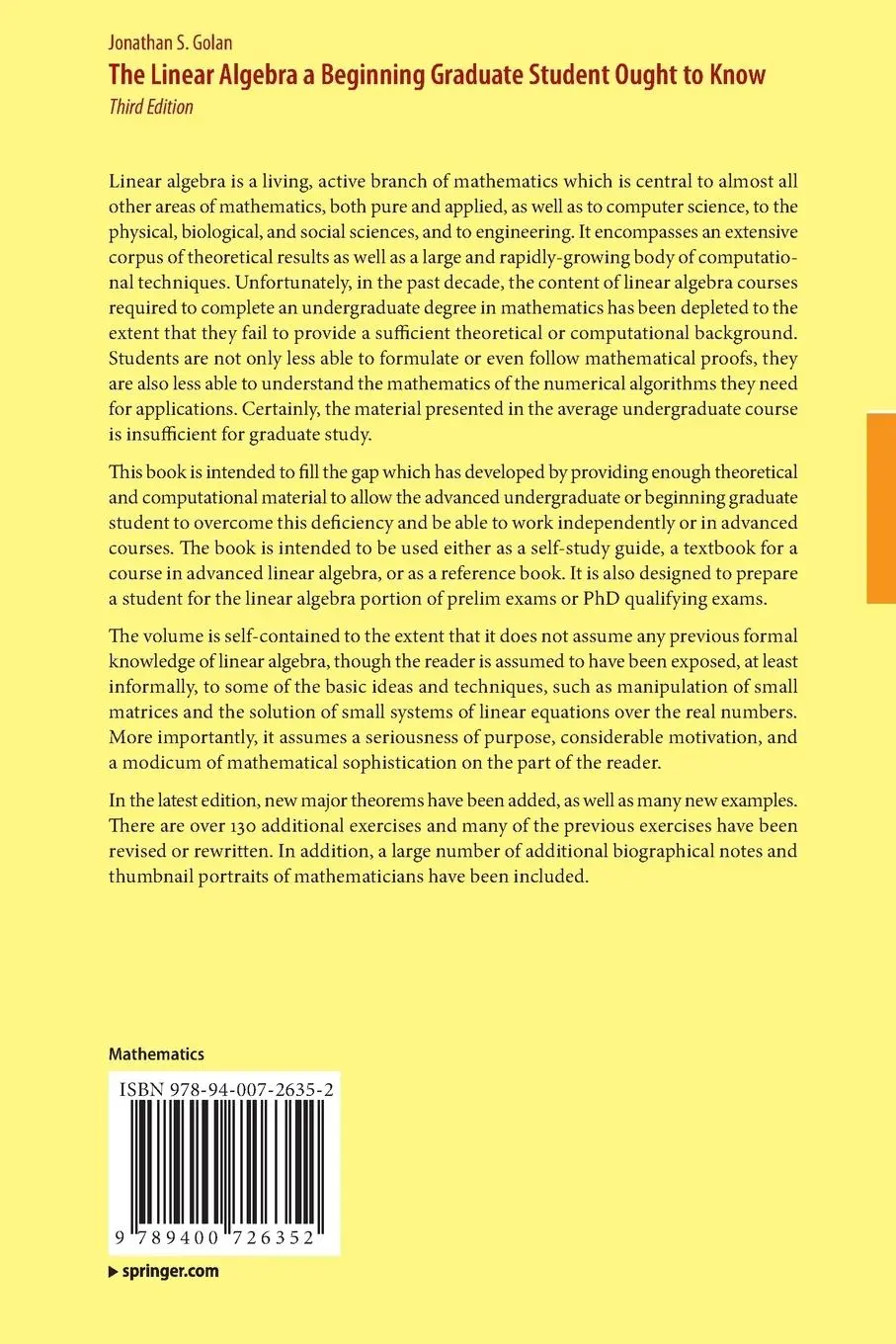 Rückseite: 9789400726352 | The Linear Algebra a Beginning Graduate Student Ought to Know | Golan