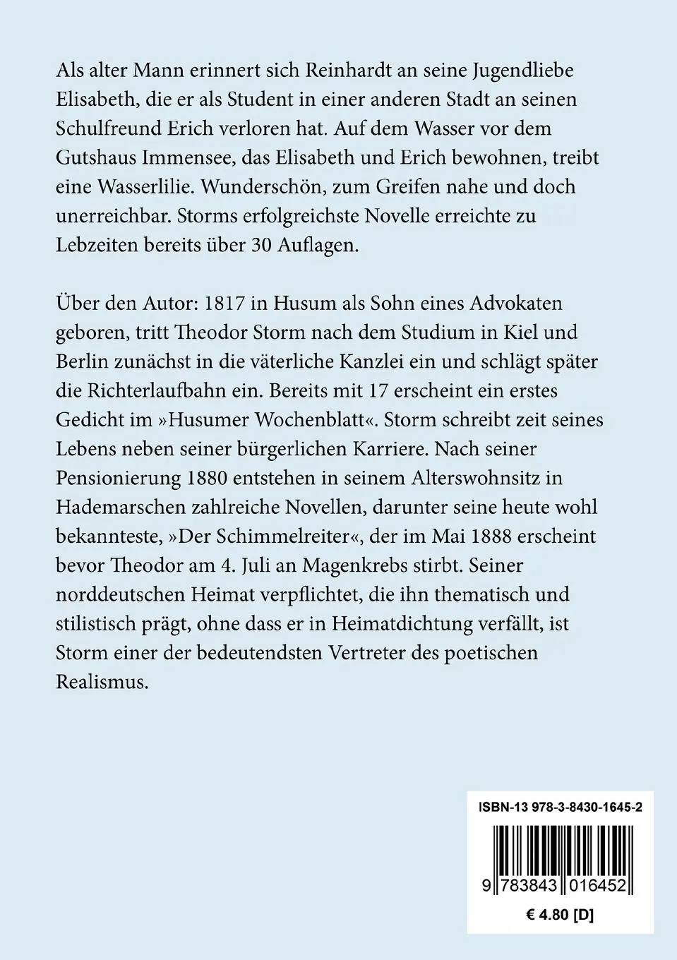 Rückseite: 9783843016452 | Immensee | und andere frühe Erzählungen | Theodor Storm | Taschenbuch