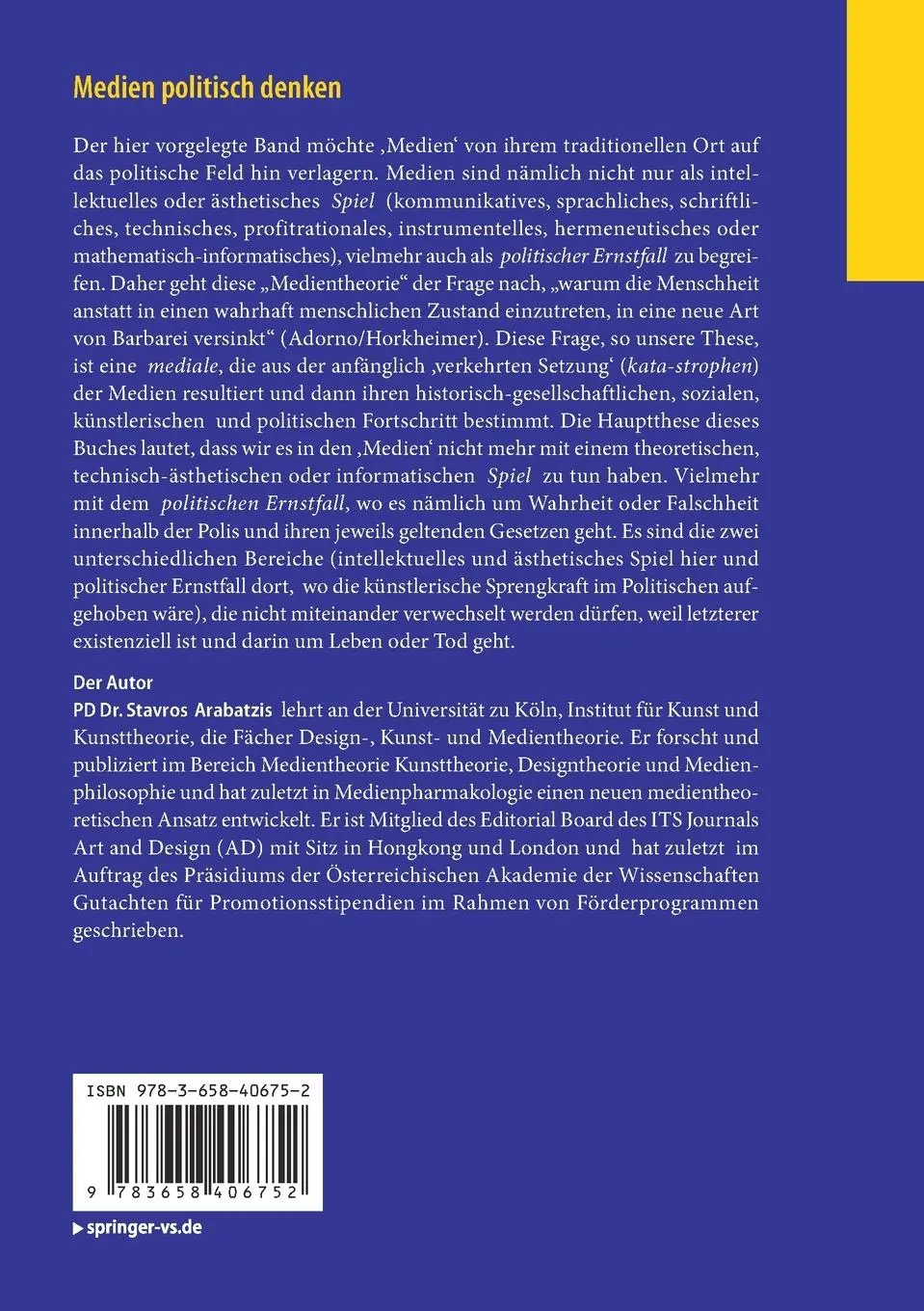 Rückseite: 9783658406752 | Medien politisch denken | Stasis und Polemos | Stavros Arabatzis | xii