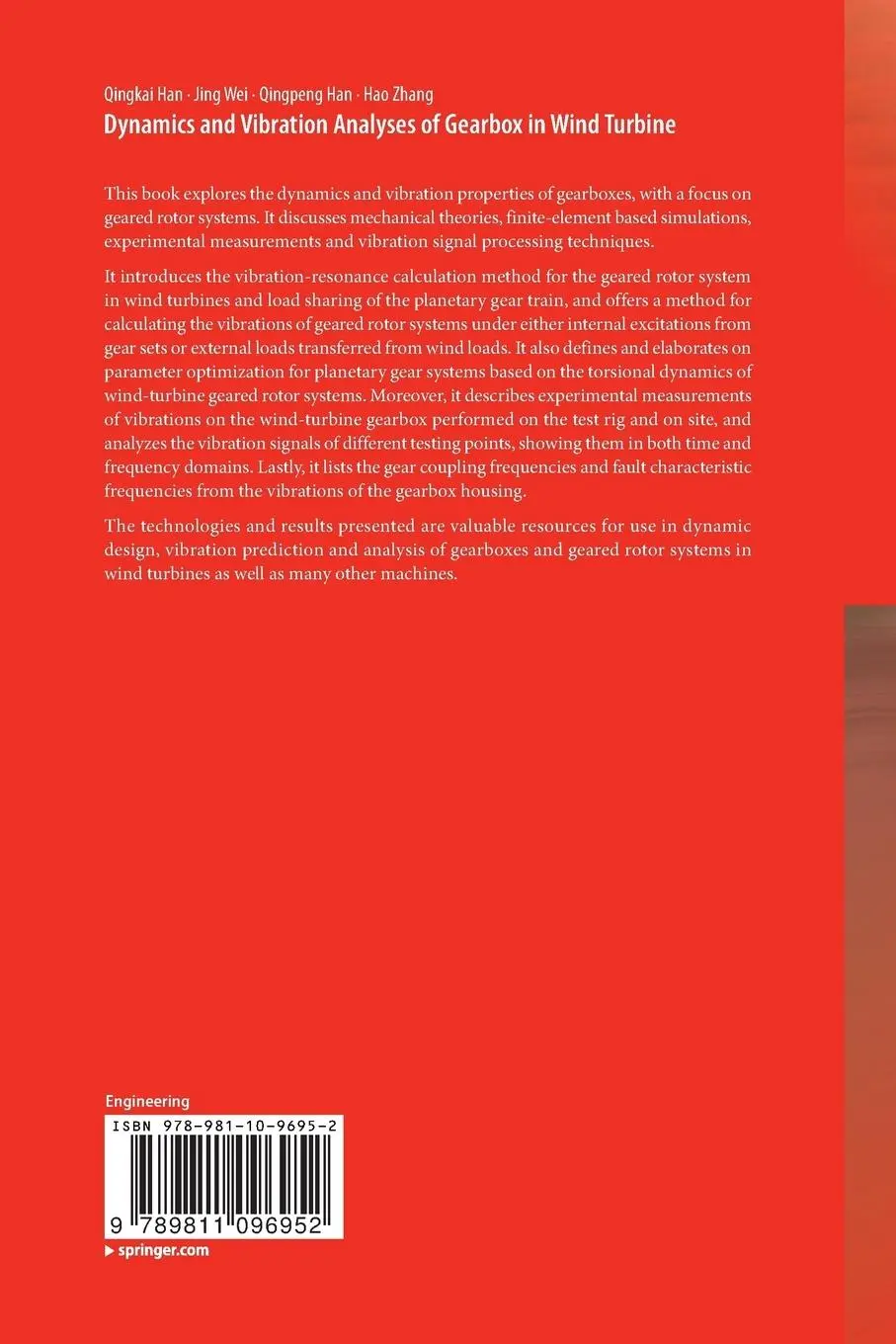Rückseite: 9789811096952 | Dynamics and Vibration Analyses of Gearbox in Wind Turbine | Buch