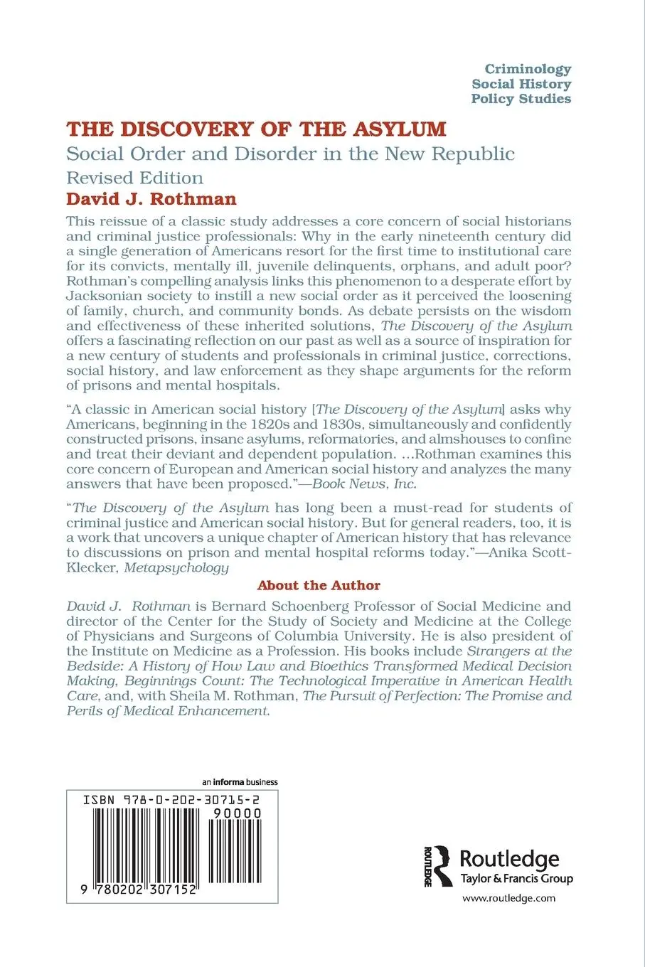 Rückseite: 9780202307152 | The Discovery of the Asylum | David J Rothman | Taschenbuch | Englisch