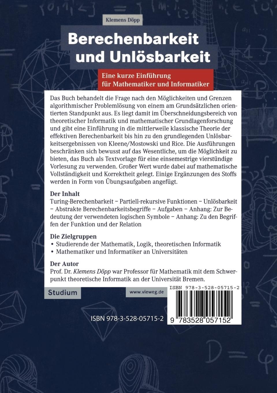 Rückseite: 9783528057152 | Berechenbarkeit und Unlösbarkeit | Klemens Döpp | Taschenbuch | xii