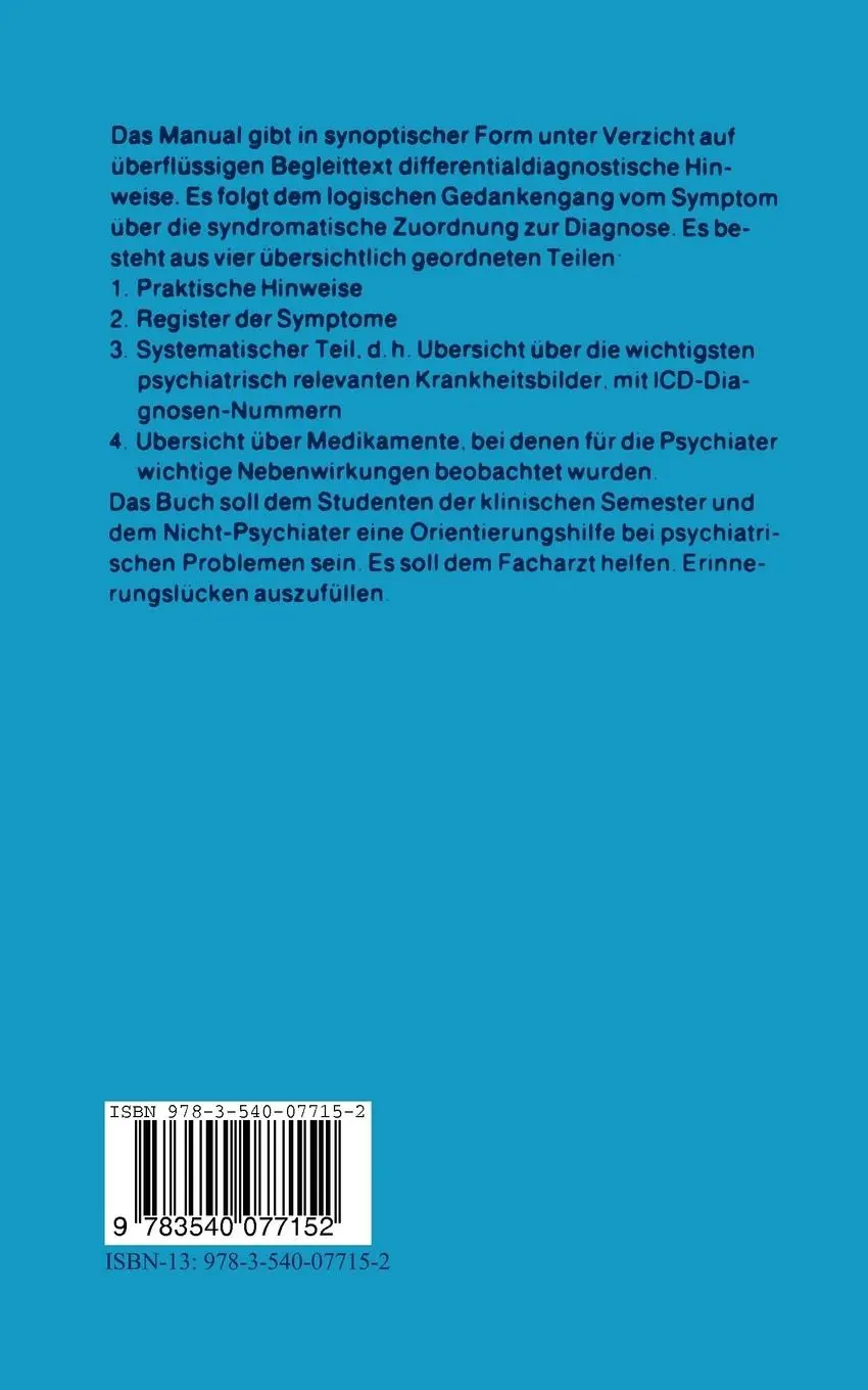 Rückseite: 9783540077152 | Manual zur Differentialdiagnose in der Psychiatrie | M. Schlobies
