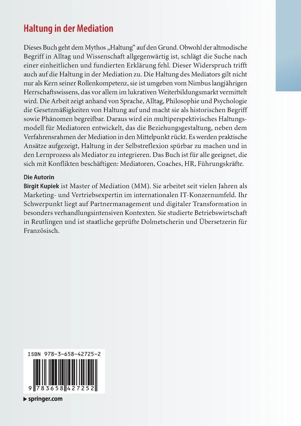 Rückseite: 9783658427252 | Haltung in der Mediation | Birgit Kupiek | Taschenbuch | xv | Deutsch